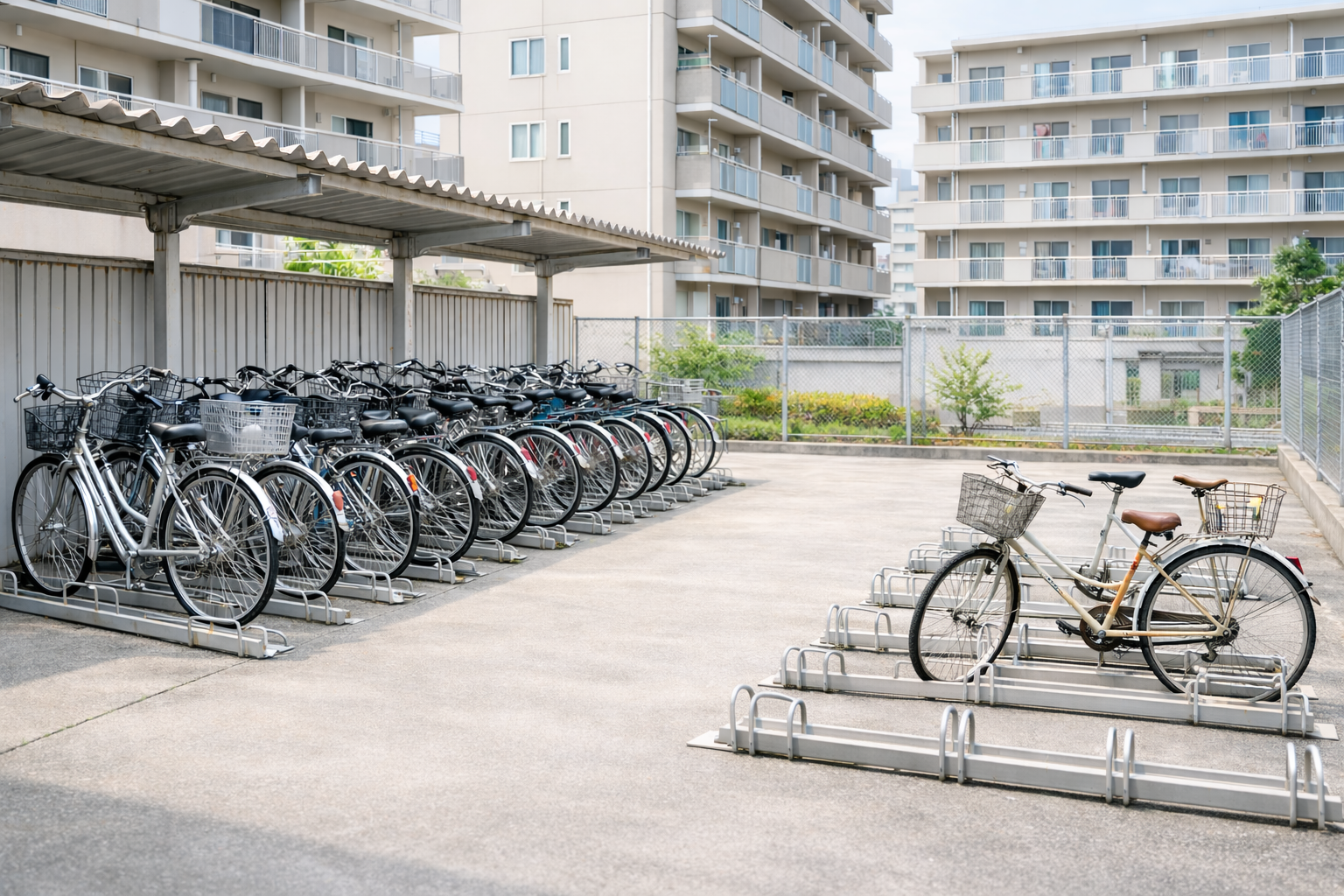 整列された自転車とマンション
